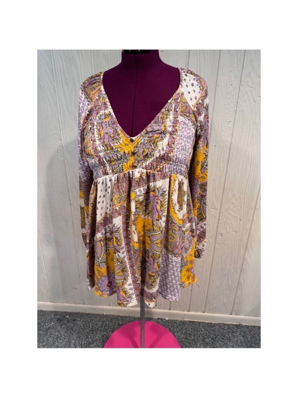 Melloday Boho Babydoll Long Sleeve Dress Tunic Large Yellow Purple